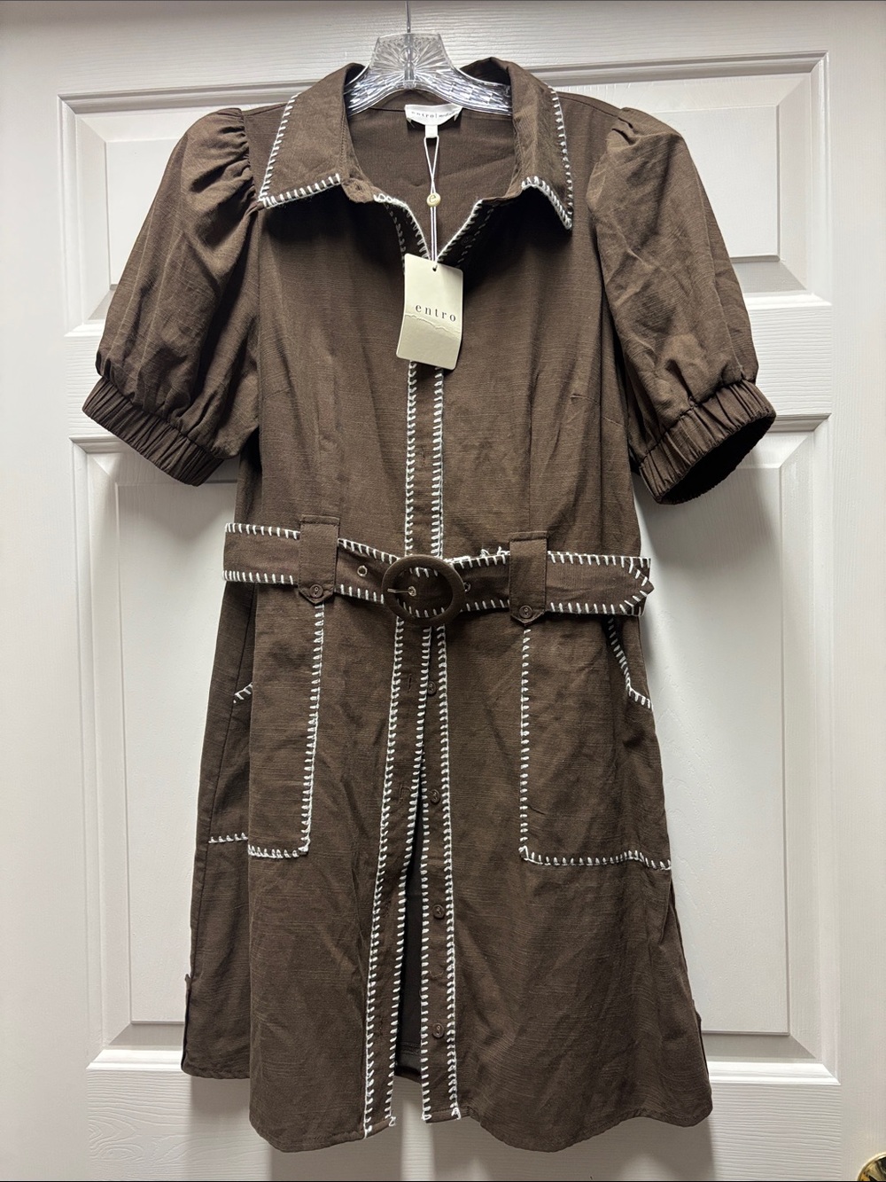NWT entro Brown Short-Sleeve Belted Shirt Dress Contrast Stitching MEDIUM